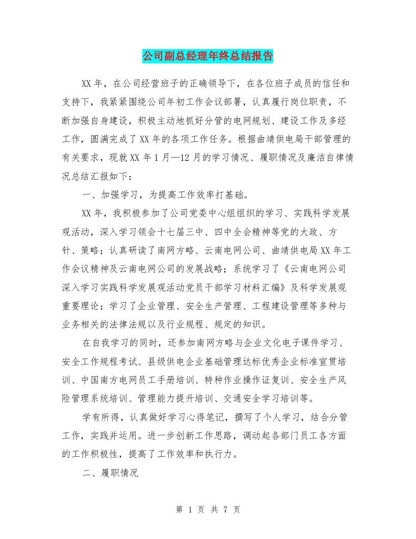 公司副总经理年终总结报告