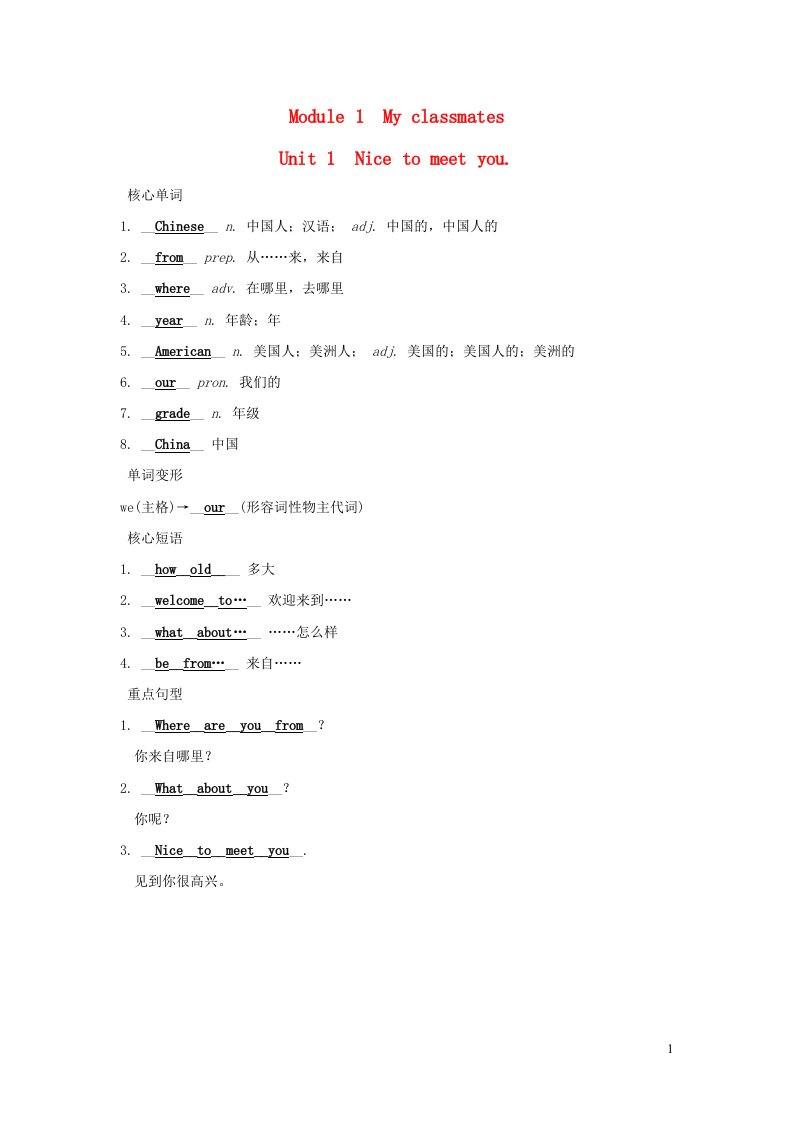 安徽专版2021秋七年级英语上册Module1MyclassmatesUnit1Nicetomeetyou背记手册新版外研版