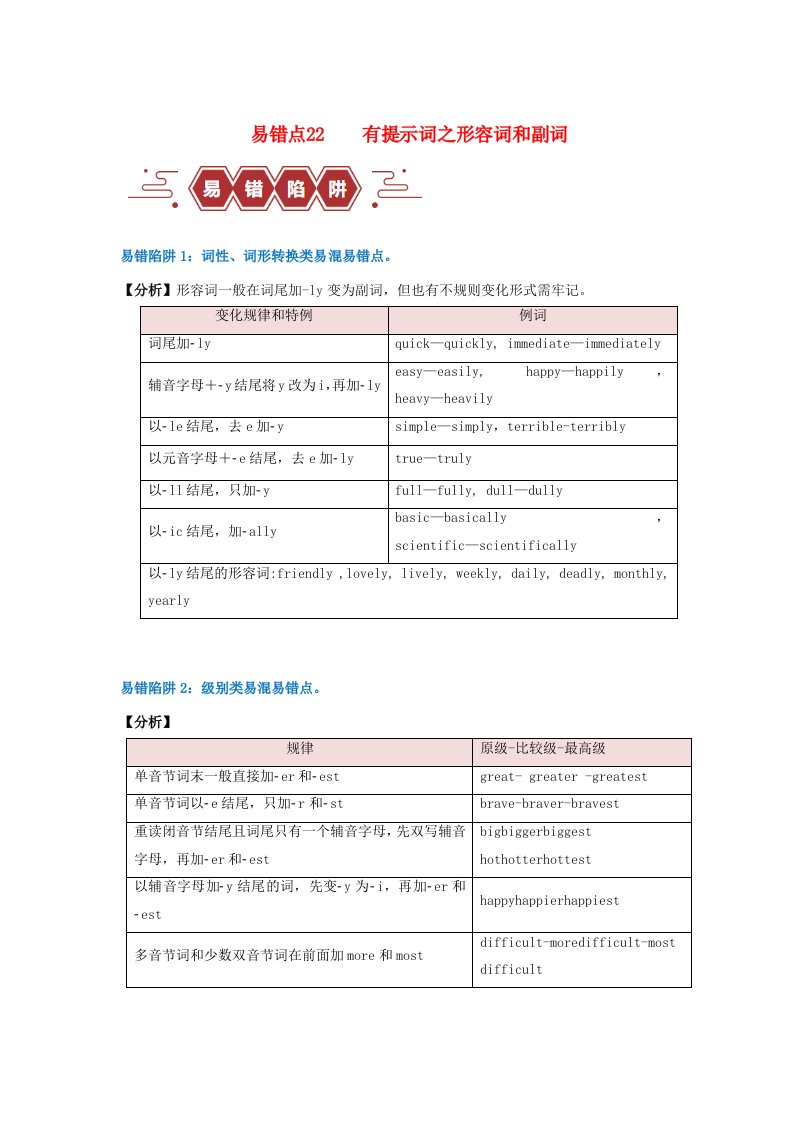 新高考专用备战2024年高考英语易错题精选易错点22语法填空：有提示词之形容词和副词3大陷阱教师版