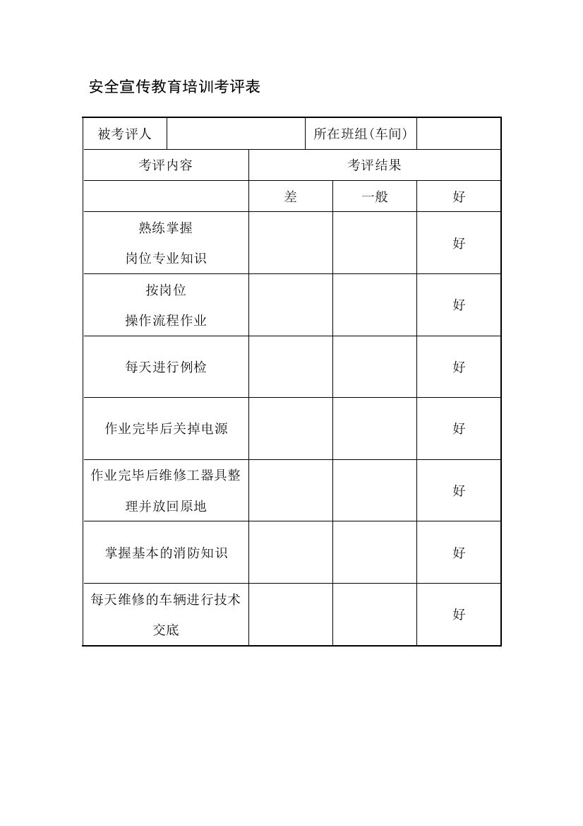 6、安全宣传教育培训考评表