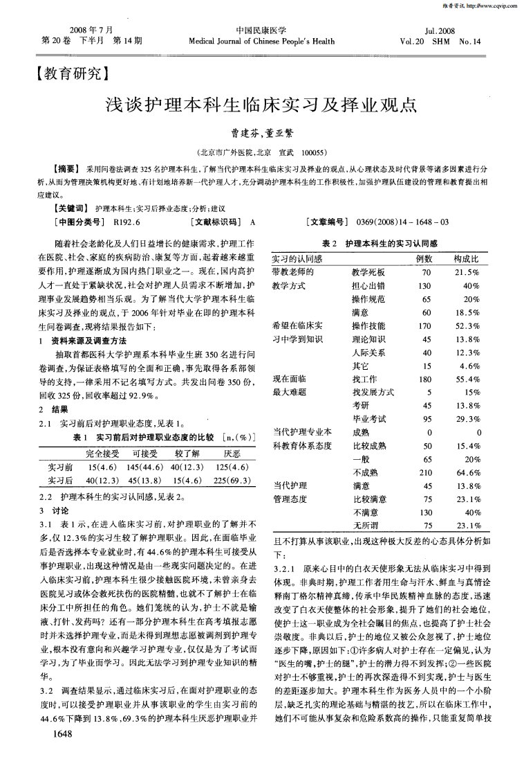 浅谈护理本科生临床实习及择业观点.pdf