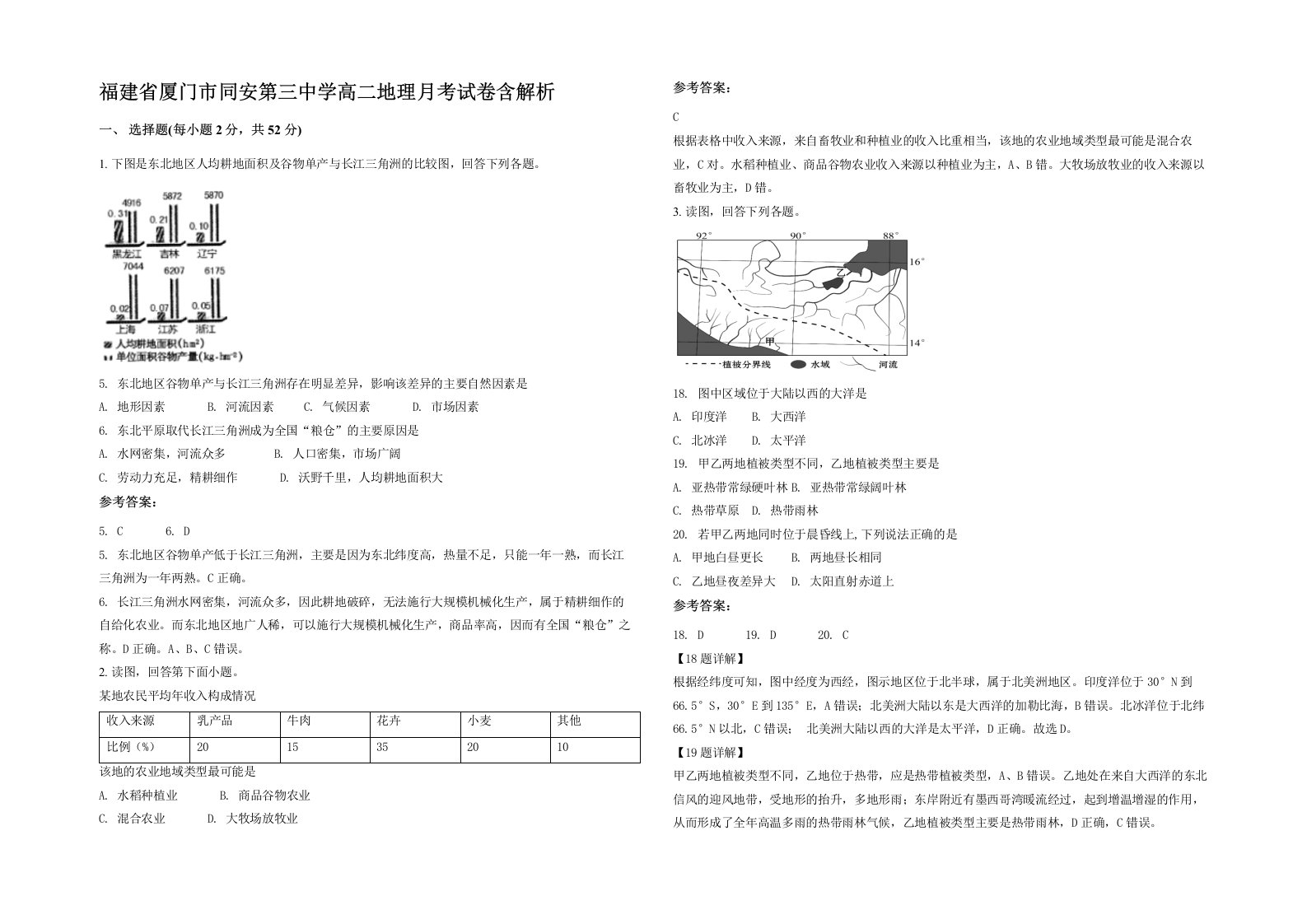 福建省厦门市同安第三中学高二地理月考试卷含解析