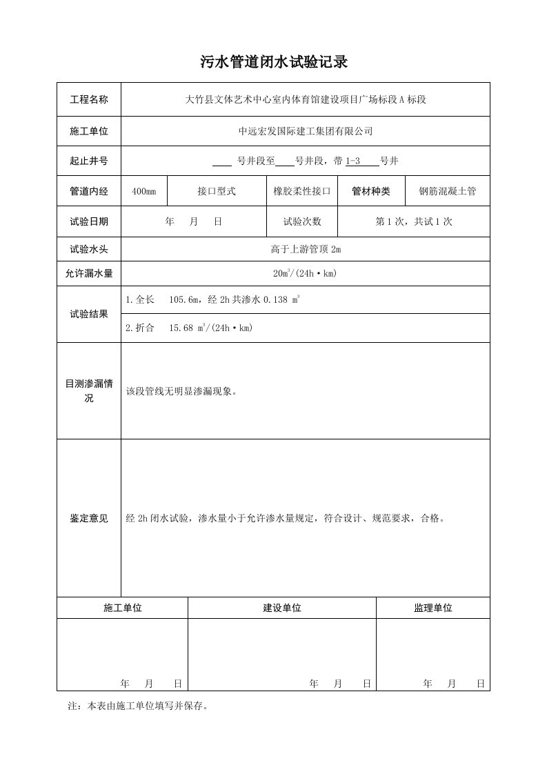 污水管道闭水试验报告