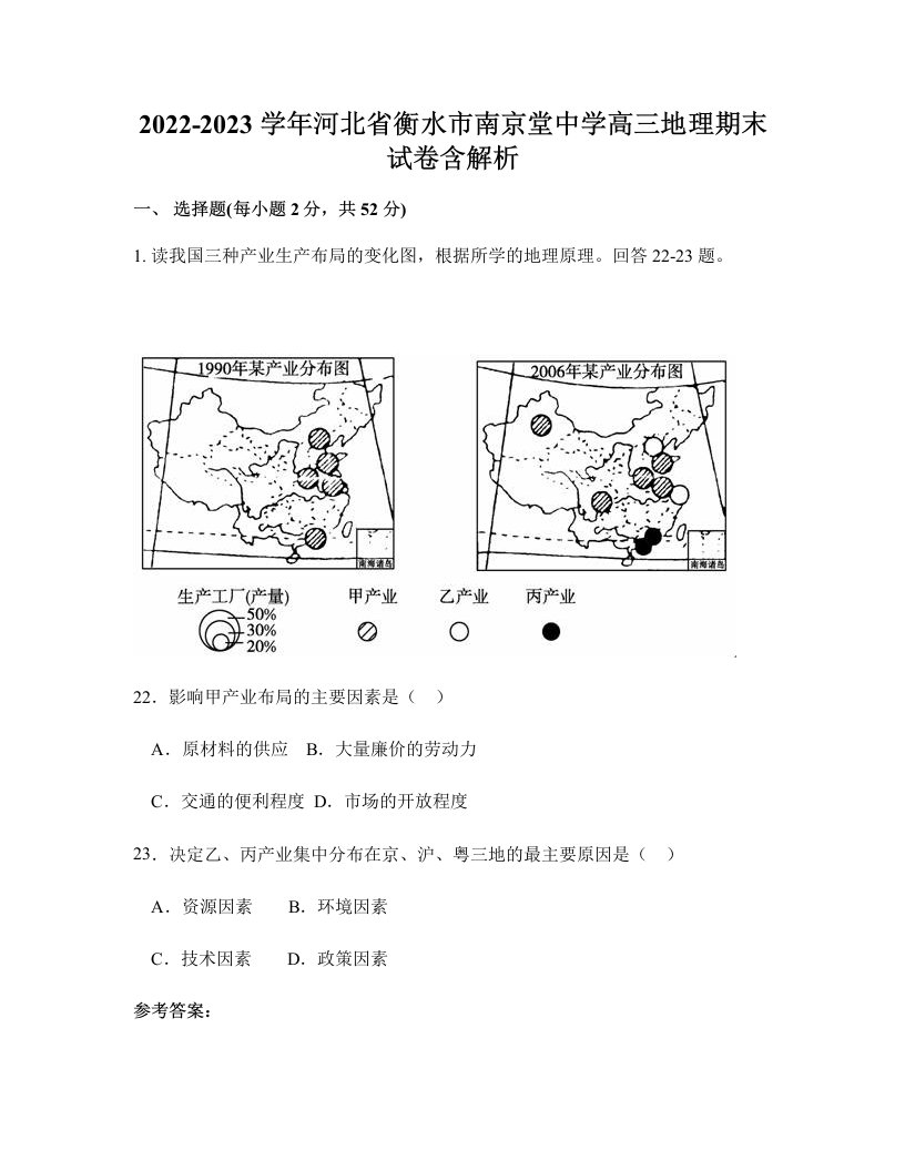 2022-2023学年河北省衡水市南京堂中学高三地理期末试卷含解析