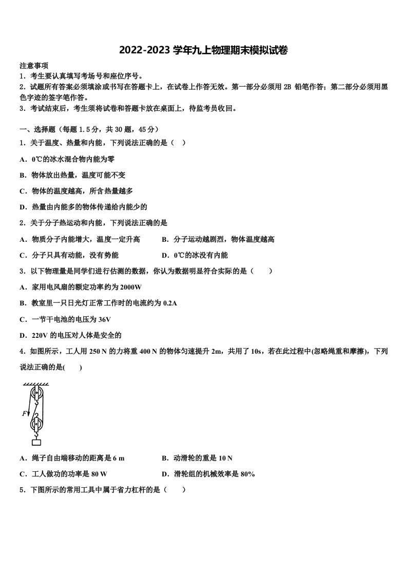 2023届河南省沁阳市九年级物理第一学期期末联考模拟试题含解析