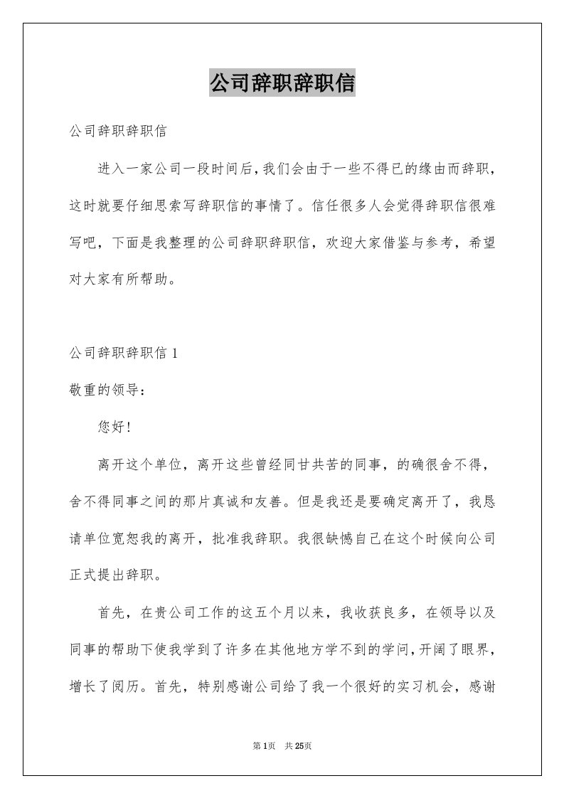 公司辞职辞职信例文