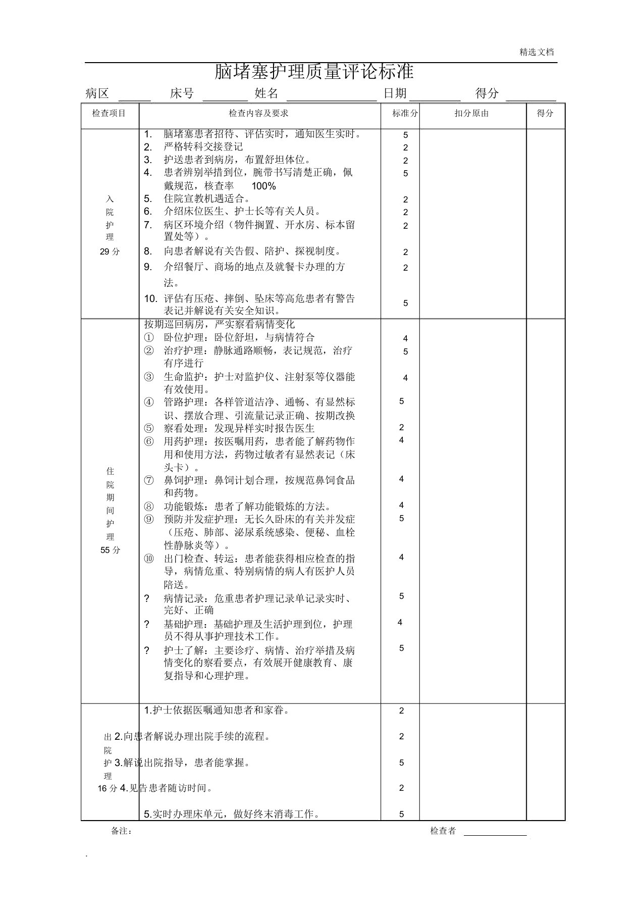 脑梗塞护理质量评价标准