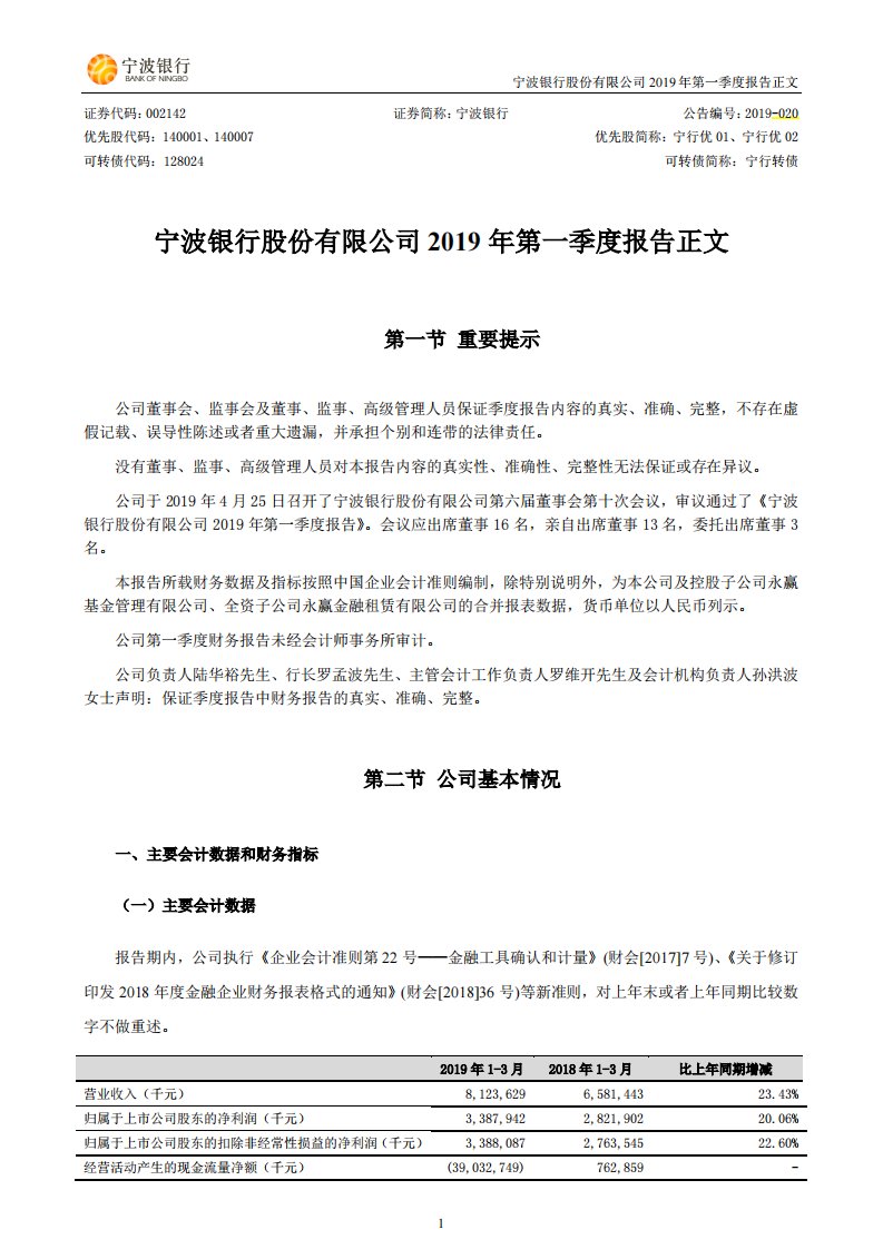 深交所-宁波银行：2019年第一季度报告正文-20190426