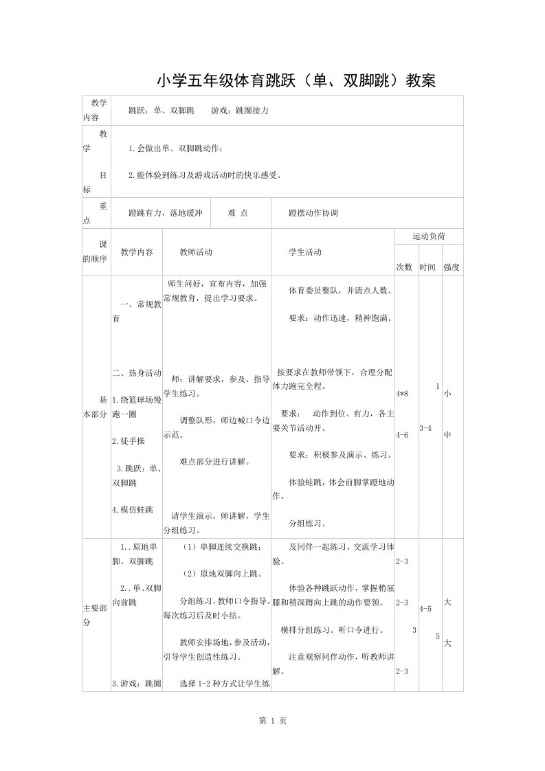 小学五年级体育跳跃教案