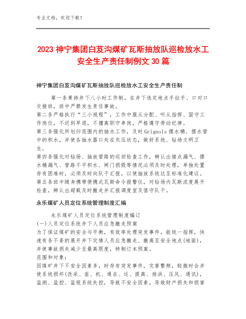 2023神宁集团白芨沟煤矿瓦斯抽放队巡检放水工安全生产责任制例文30篇