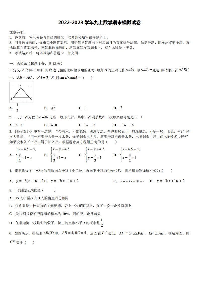 2024-2023学年江苏省邳州市数学九年级第一学期期末质量跟踪监视试题含精品