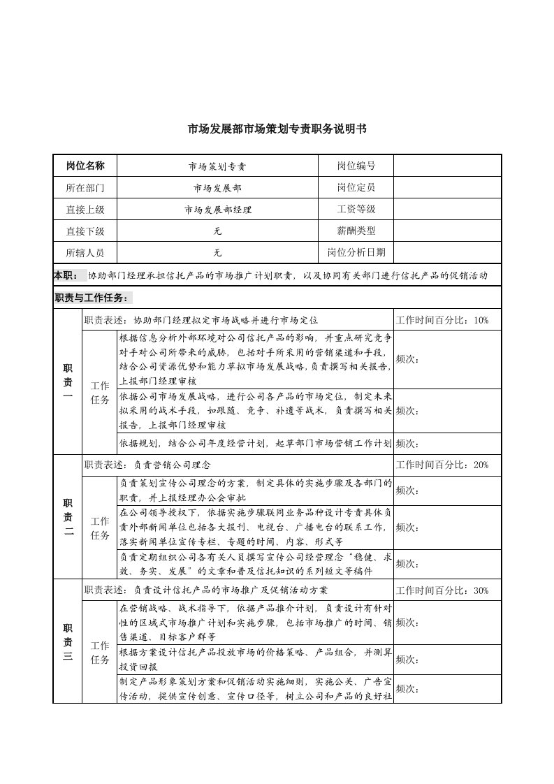 信托投资公司市场发展部市场策划专责职务说明书