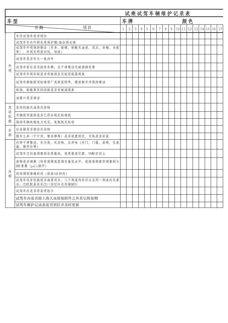 试驾车维护记录表