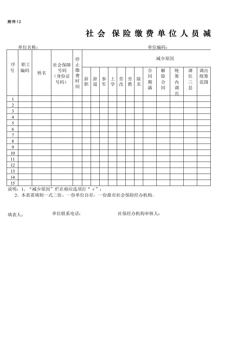 社保人员减少花名册