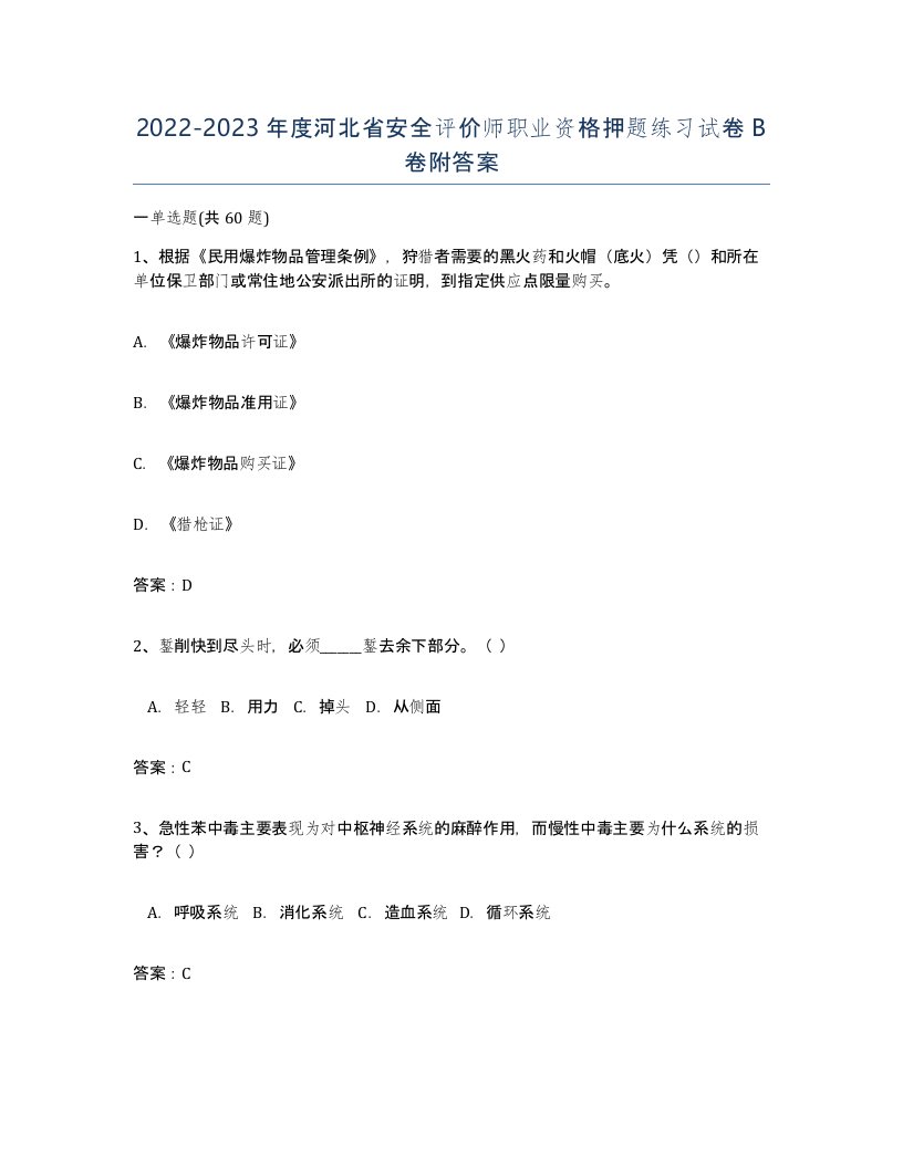 2022-2023年度河北省安全评价师职业资格押题练习试卷B卷附答案