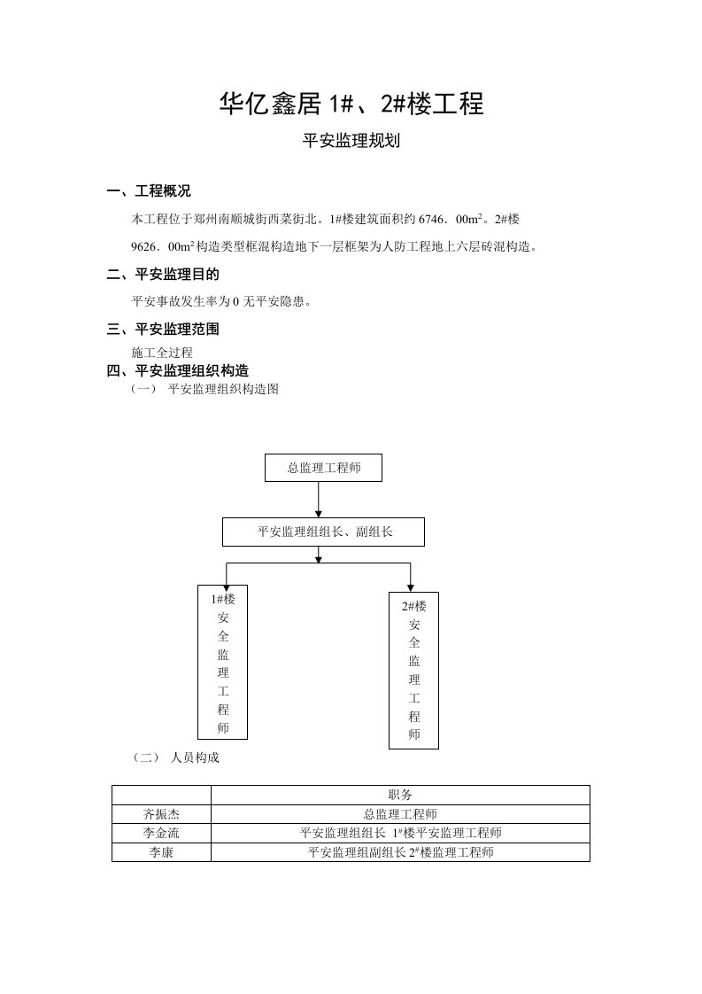 住宅楼工程安全监理规划