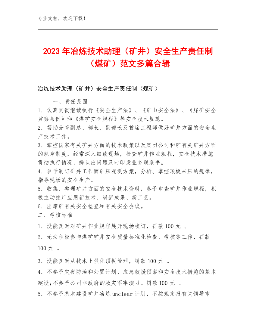 2023年冶炼技术助理（矿井）安全生产责任制（煤矿）范文多篇合辑