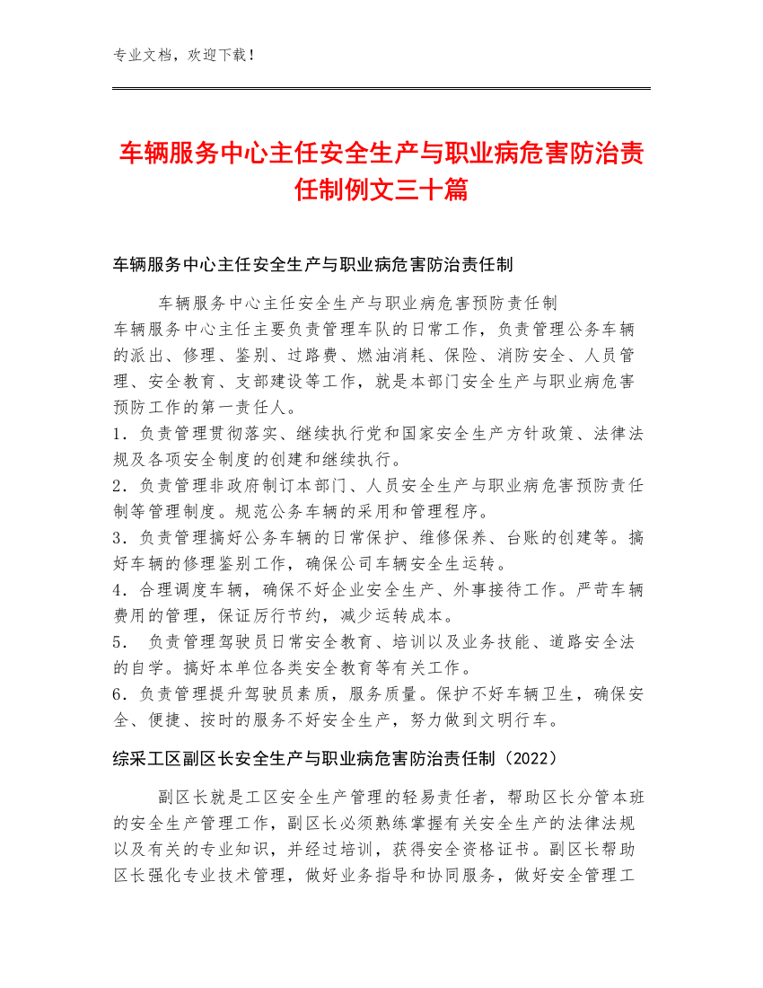 车辆服务中心主任安全生产与职业病危害防治责任制例文三十篇