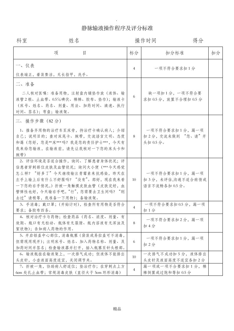 静脉输液操作流程及评分标准