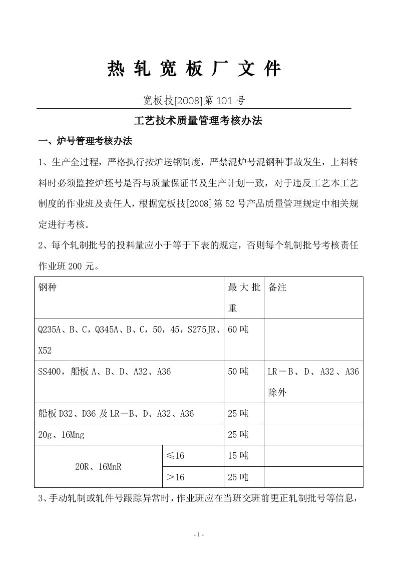 精选工艺技术质量管理考核办