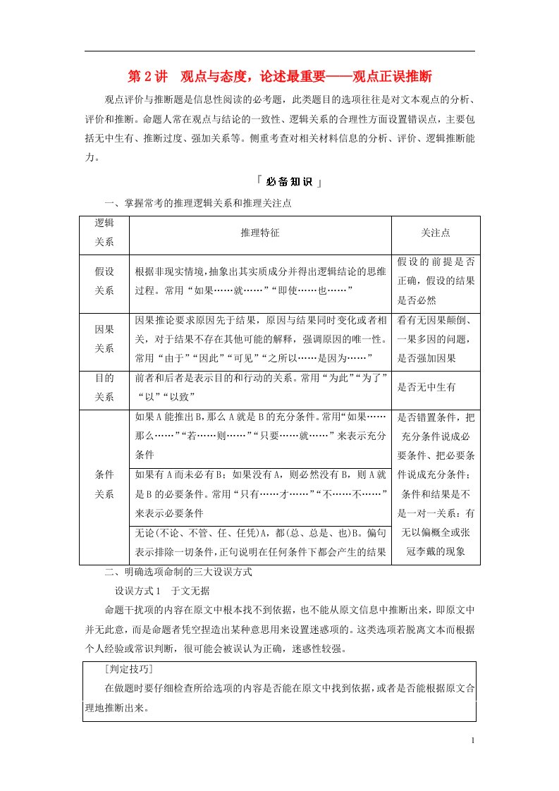 2023版高考语文一轮总复习第1部分现代文阅读Ⅰ信息性文本阅读任务3考点突破第2讲观点与态度论述最重要__观点正误推断教师用书