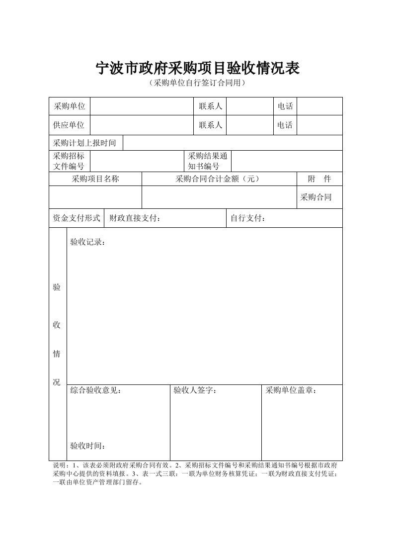 宁波市政府采购项目验收情况表