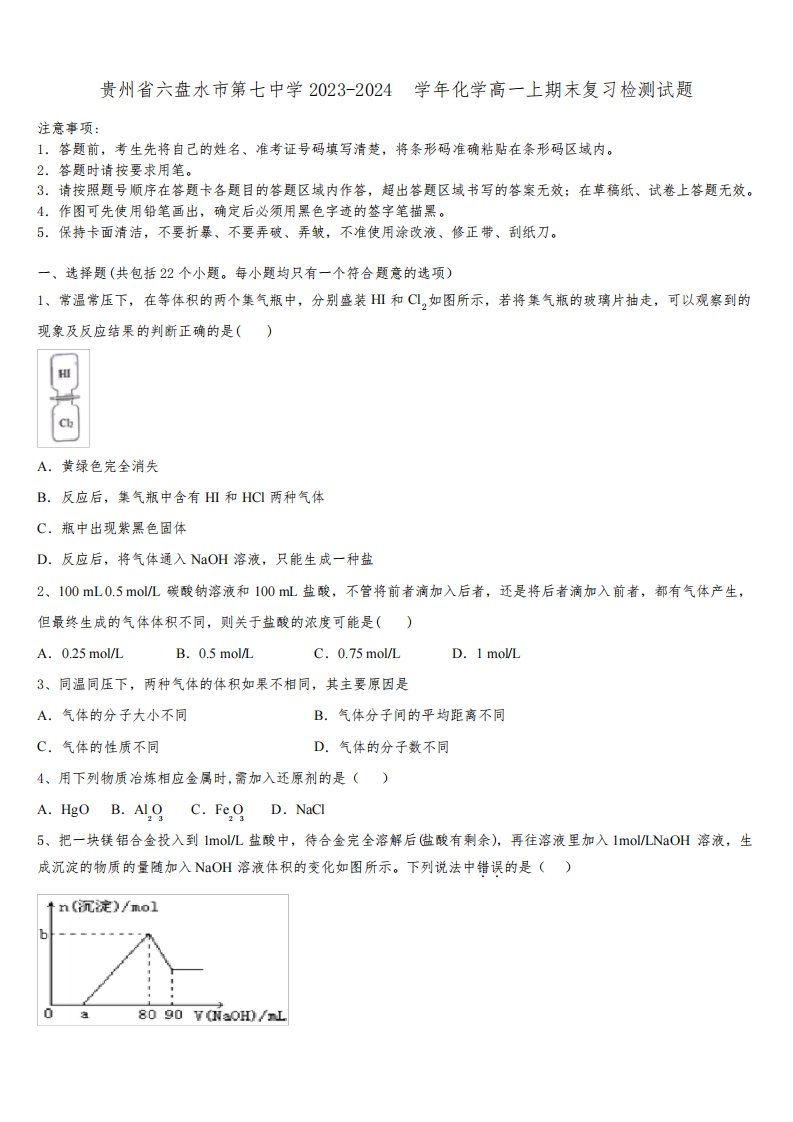 贵州省六盘水市第七中学2023-2024学年化学高一上期末复习检测试题含解析