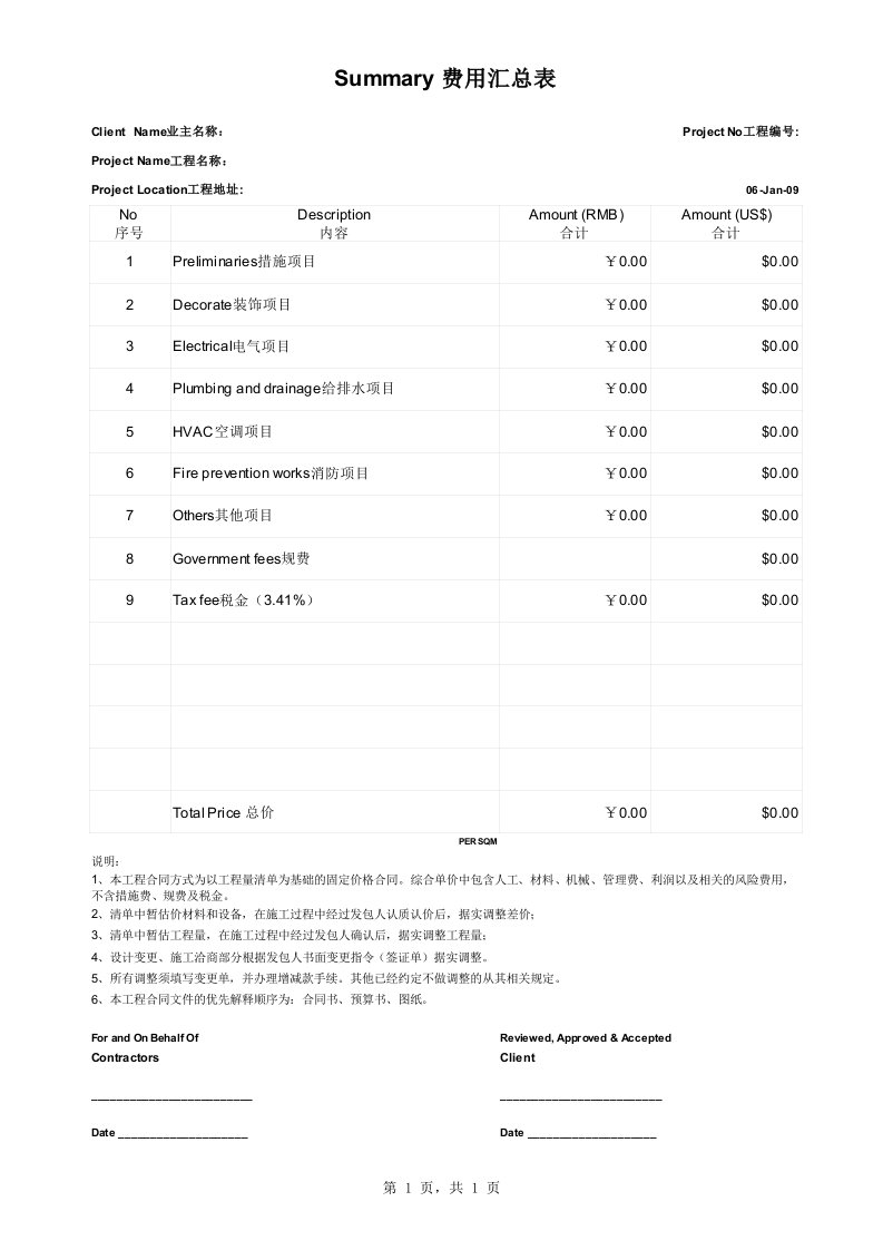 装饰项目国际报价模板（中英文）