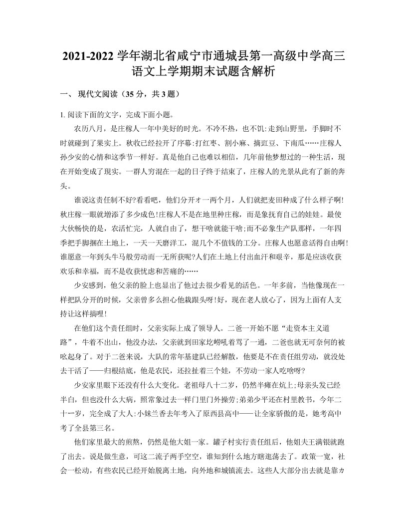 2021-2022学年湖北省咸宁市通城县第一高级中学高三语文上学期期末试题含解析