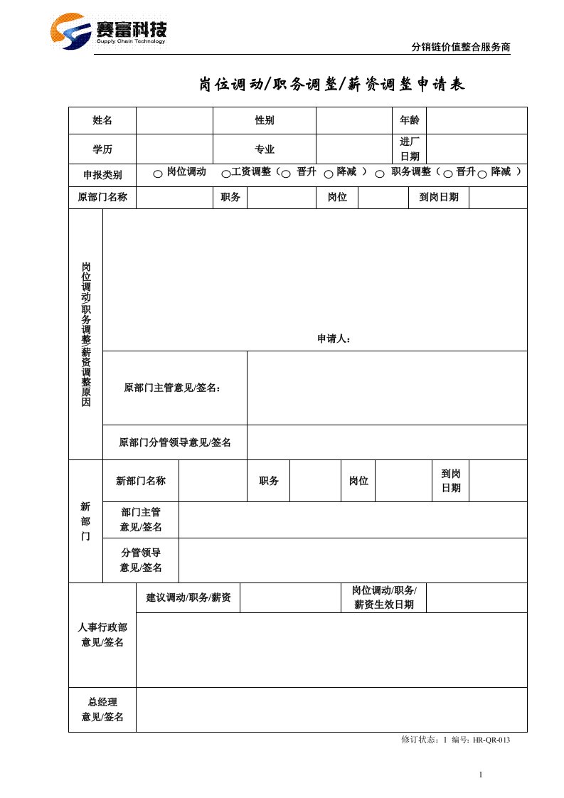 岗位调动职务调整薪资调整申请表