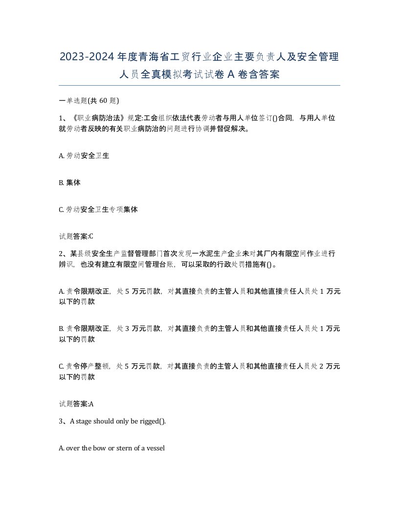 20232024年度青海省工贸行业企业主要负责人及安全管理人员全真模拟考试试卷A卷含答案