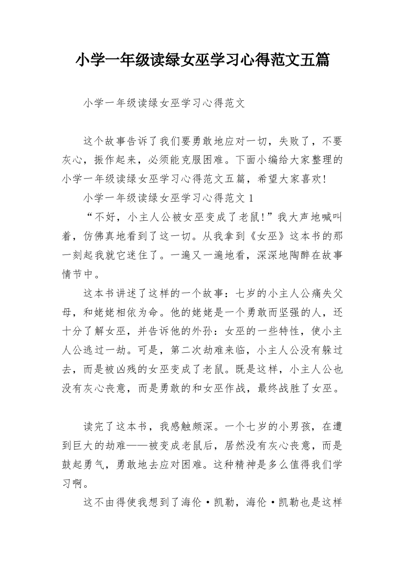 小学一年级读绿女巫学习心得范文五篇