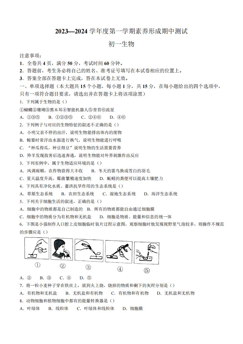 山西省临汾市洪洞县2023-2024学年七年级上学期期中生物试题(含答案)6144