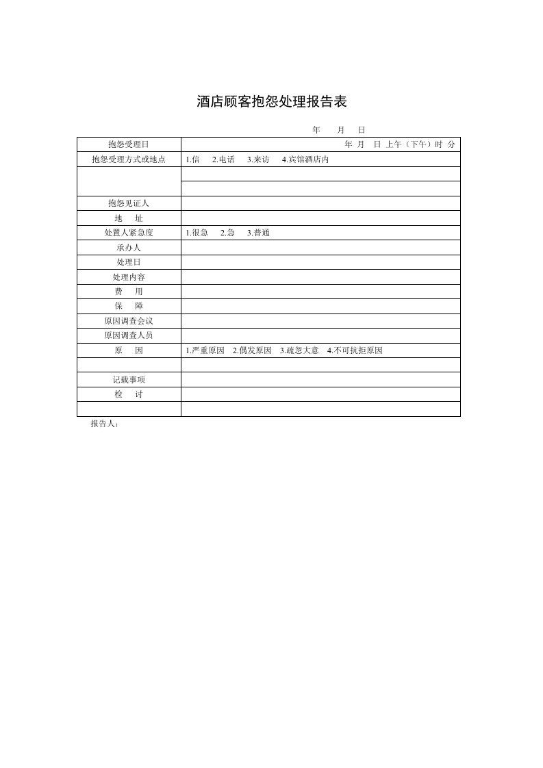 酒类资料-酒店顾客抱怨处理报告表