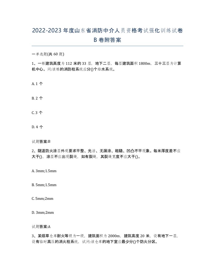 2022-2023年度山东省消防中介人员资格考试强化训练试卷B卷附答案