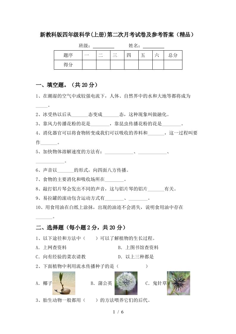 新教科版四年级科学上册第二次月考试卷及参考答案精品