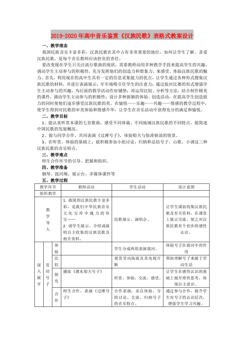 2019-2020年高中音乐鉴赏《汉族民歌》表格式教案设计