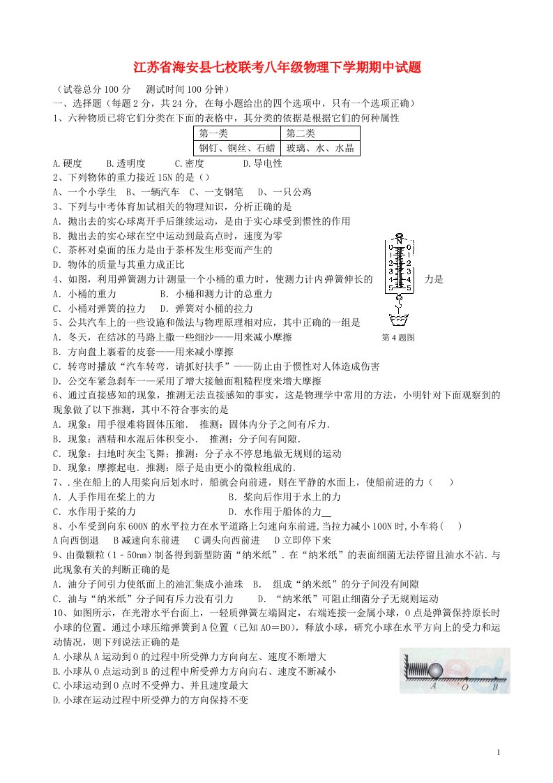 江苏省海安县七校联考八级物理下学期期中试题