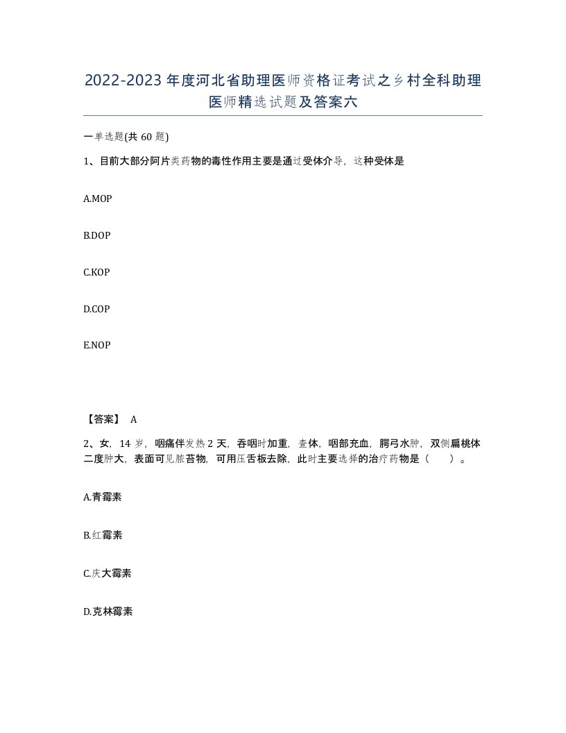 2022-2023年度河北省助理医师资格证考试之乡村全科助理医师试题及答案六