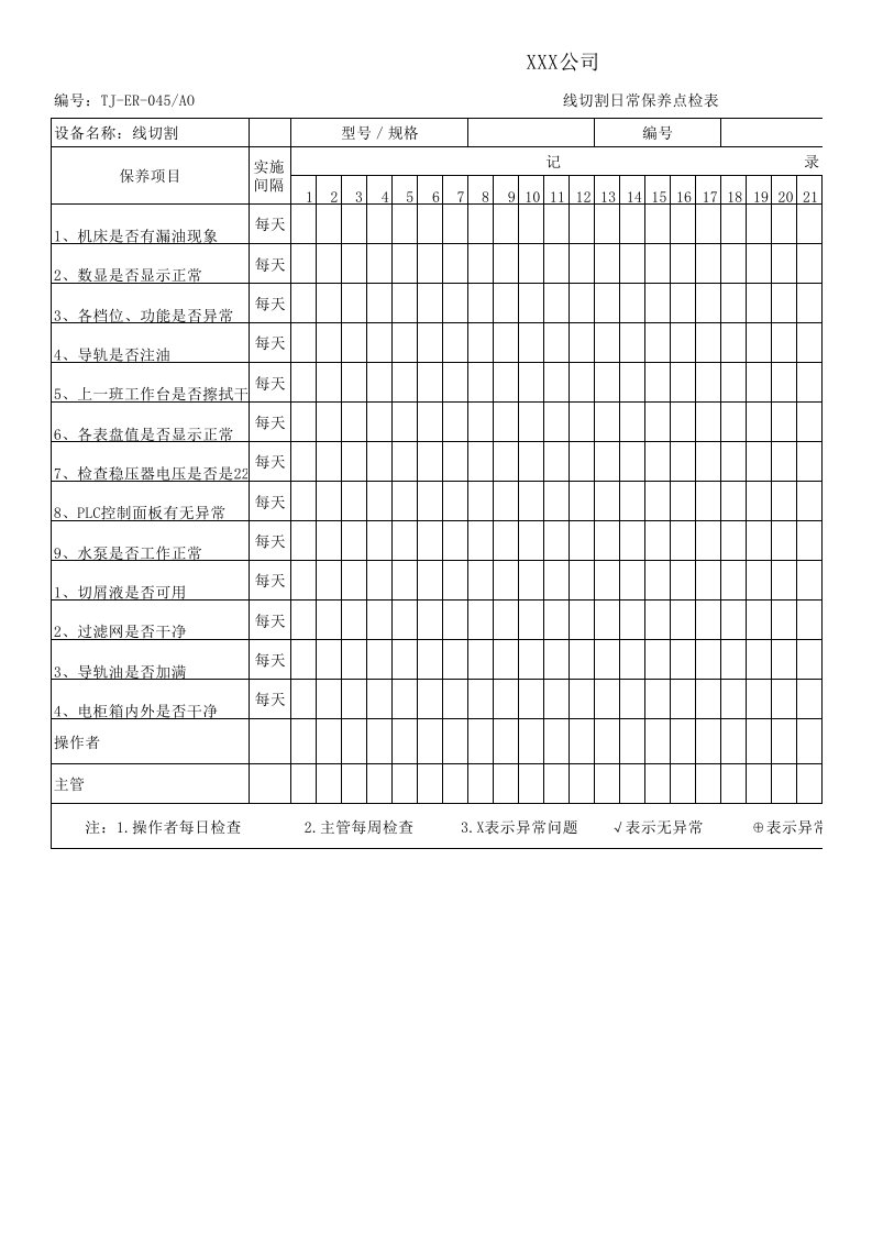 线切割日常保养点检表