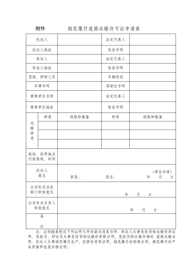 附件烟花爆竹道路运输许可证申请表