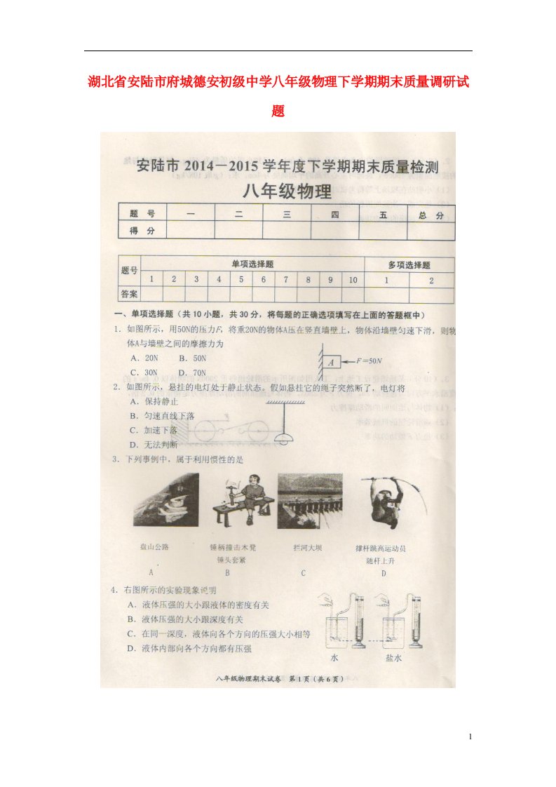 湖北省安陆市府城德安初级中学八级物理下学期期末质量调研试题（扫描版，无答案）