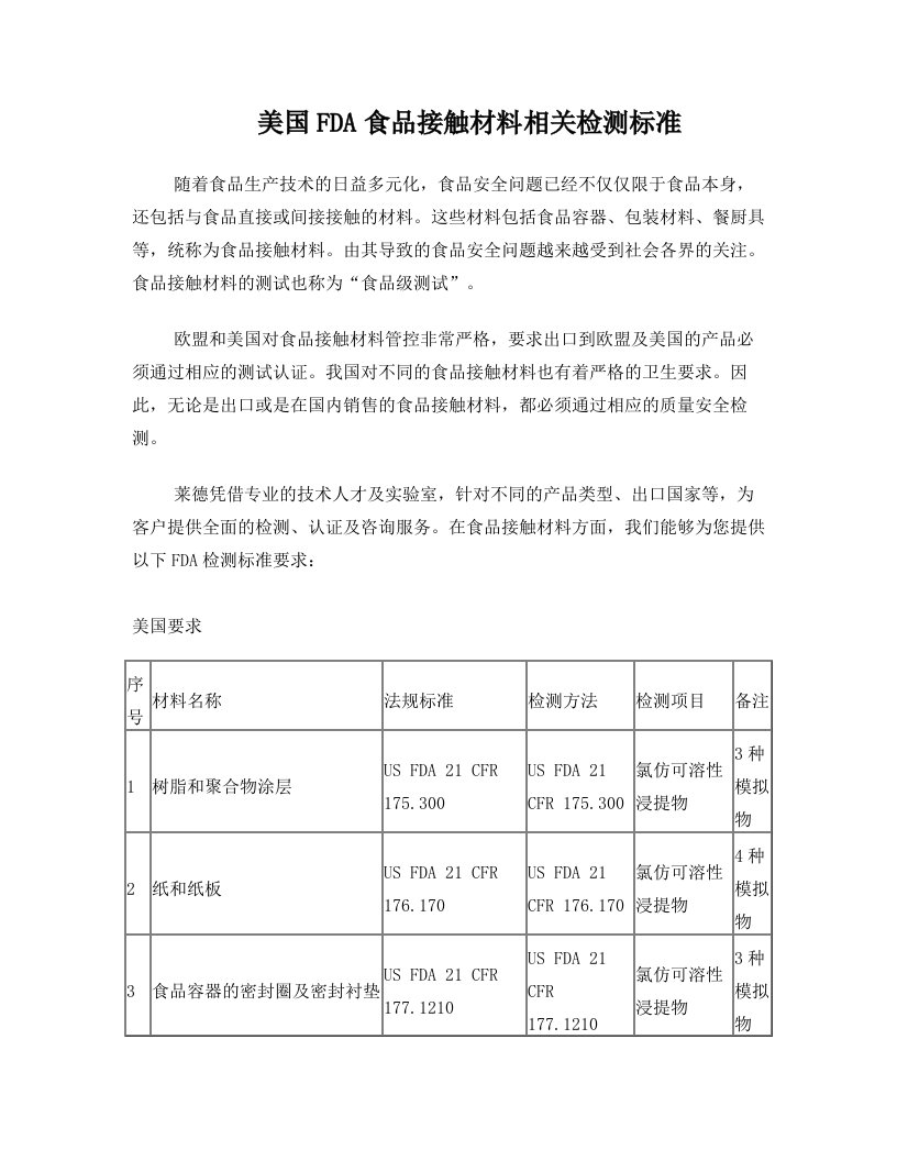 美国FDA食品接触材料相关检测标准