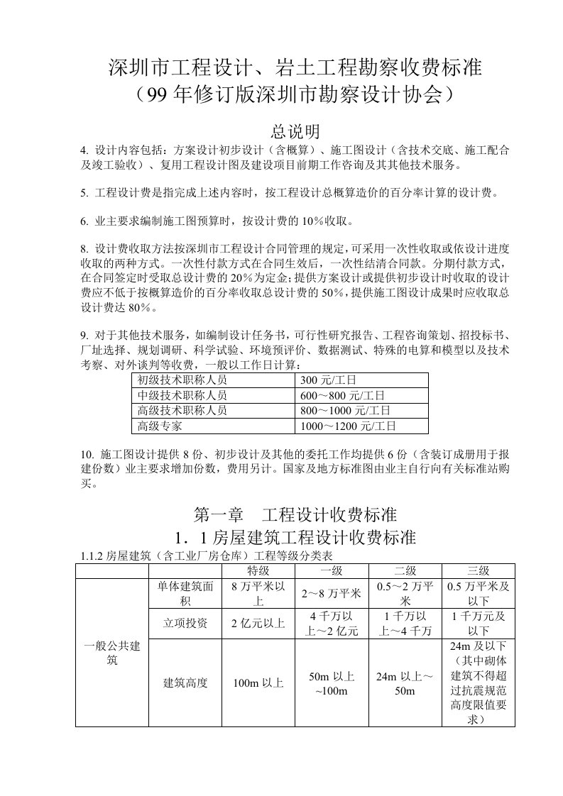 深圳市工程设计、岩土工程勘察收费标准