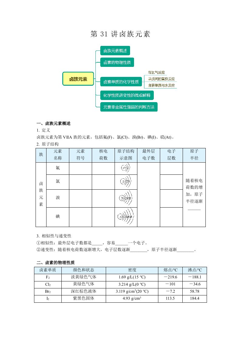 高一化学必修第一册同步精品讲义第31讲卤族元素例题与练习