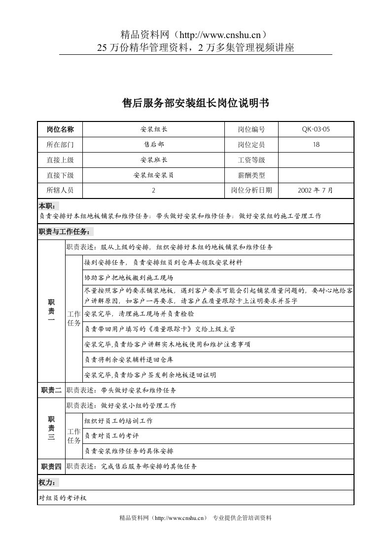 乾坤木业公司售后服务部安装组长岗位说明书