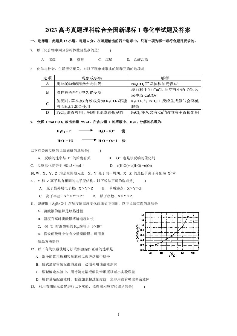 2023--高考全国新课标1卷理综化学试题试题及答案