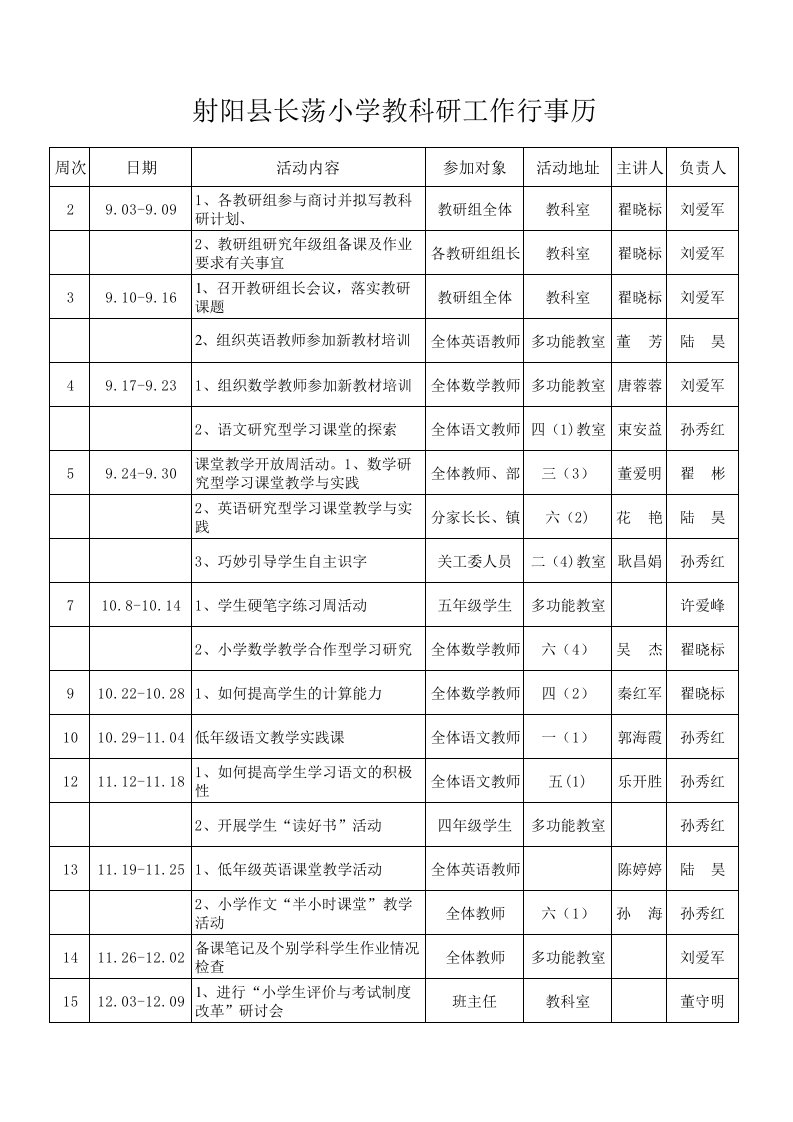 长荡小学教研行事历