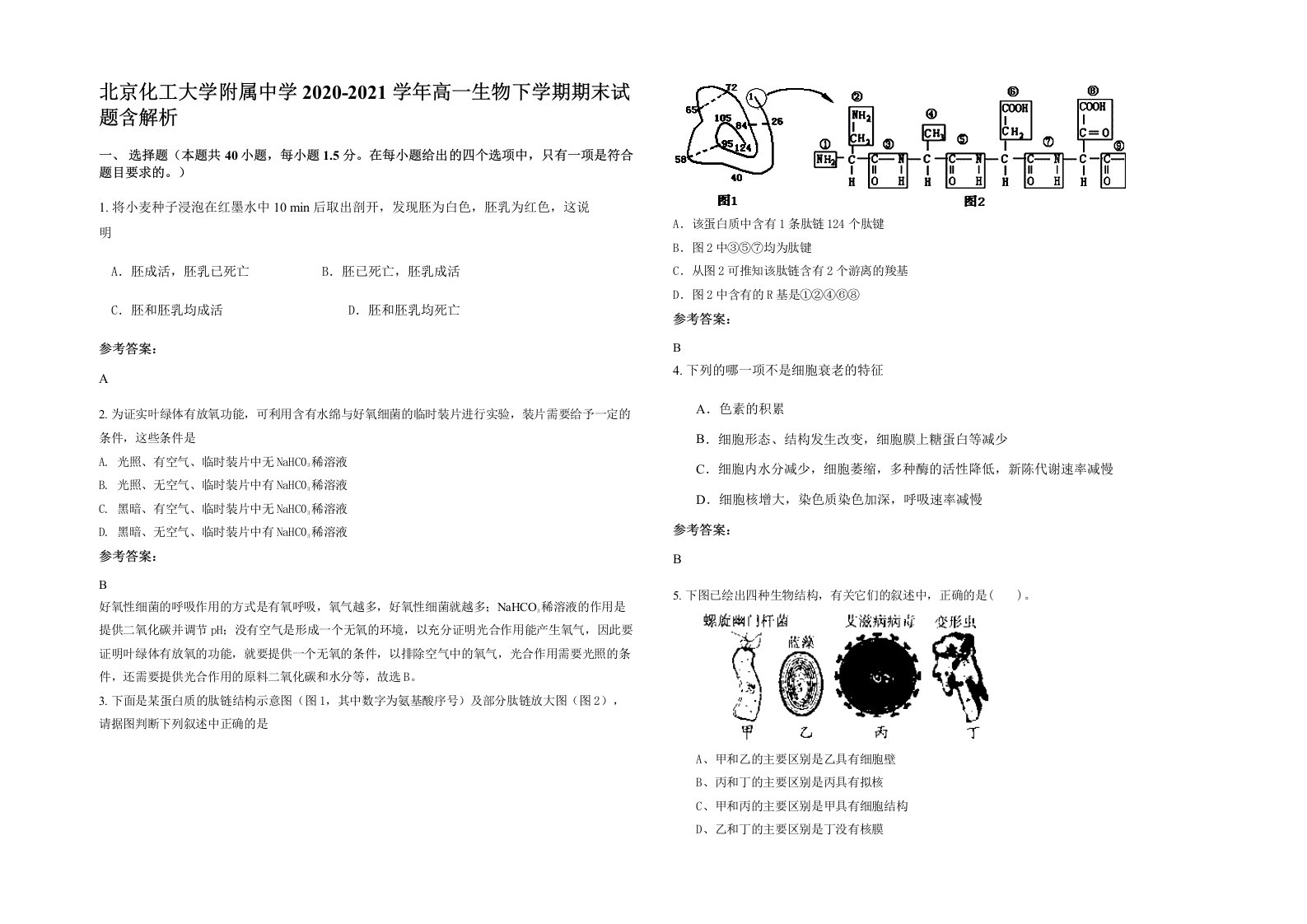 北京化工大学附属中学2020-2021学年高一生物下学期期末试题含解析