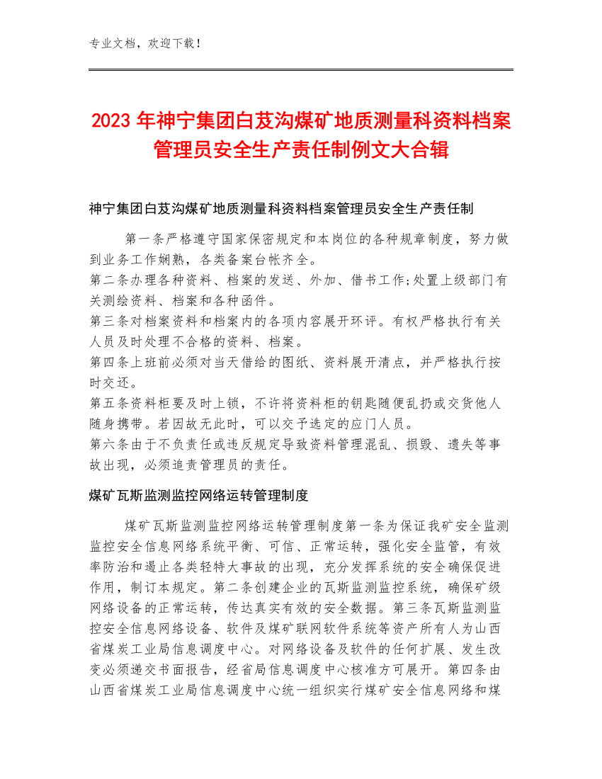 2023年神宁集团白芨沟煤矿地质测量科资料档案管理员安全生产责任制例文大合辑